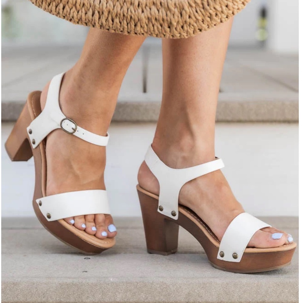 White Strap Wooden Platform Heels
